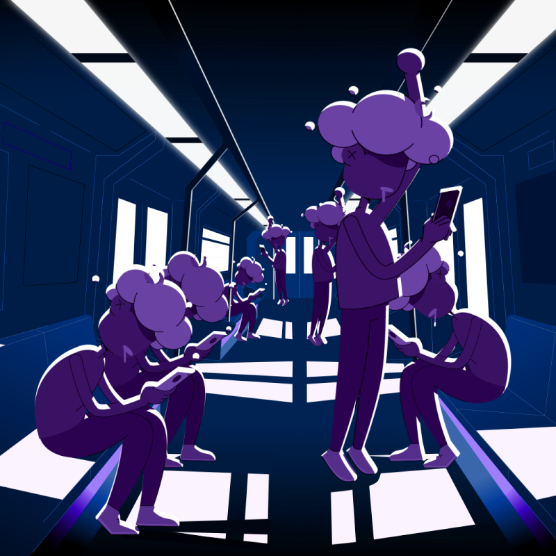 2D characters in a subway using phone