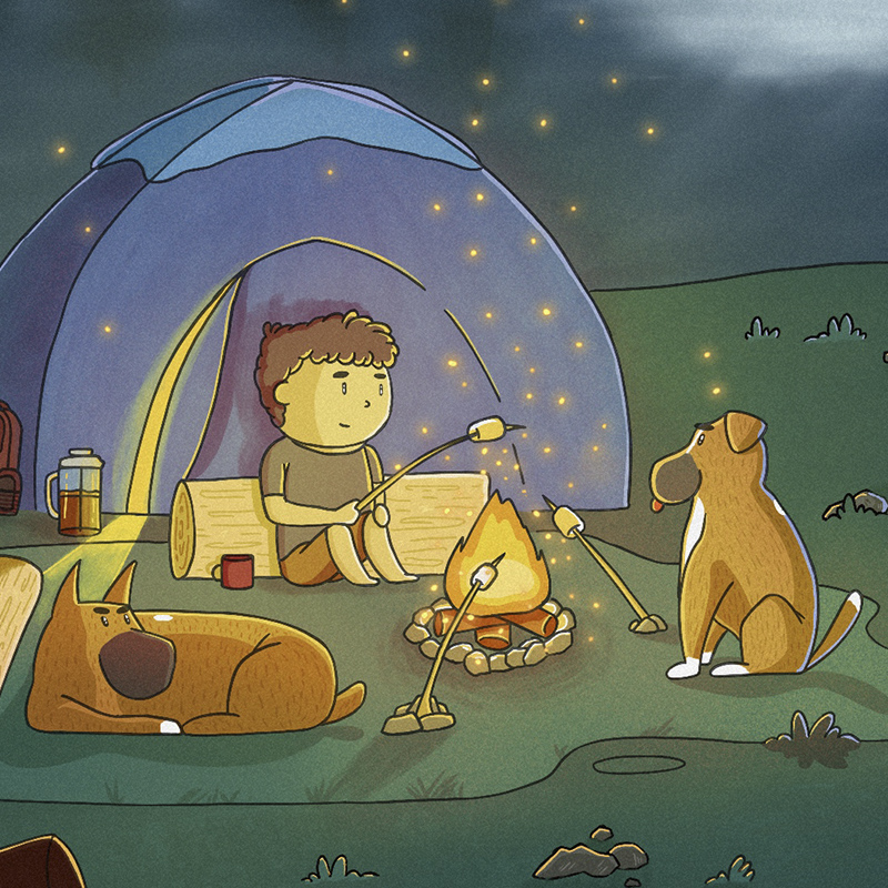 craft illustration of a kid camping with dogs